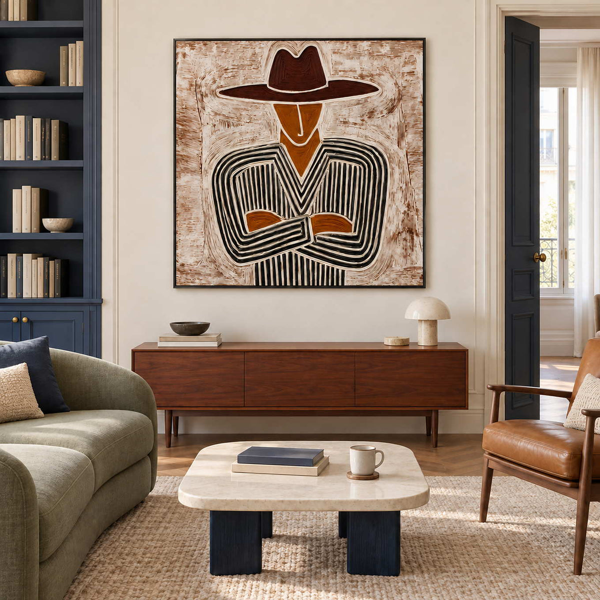 Folded-arm portrait above a brown cabinet beside a green sofa and dark blue bookshelves.
