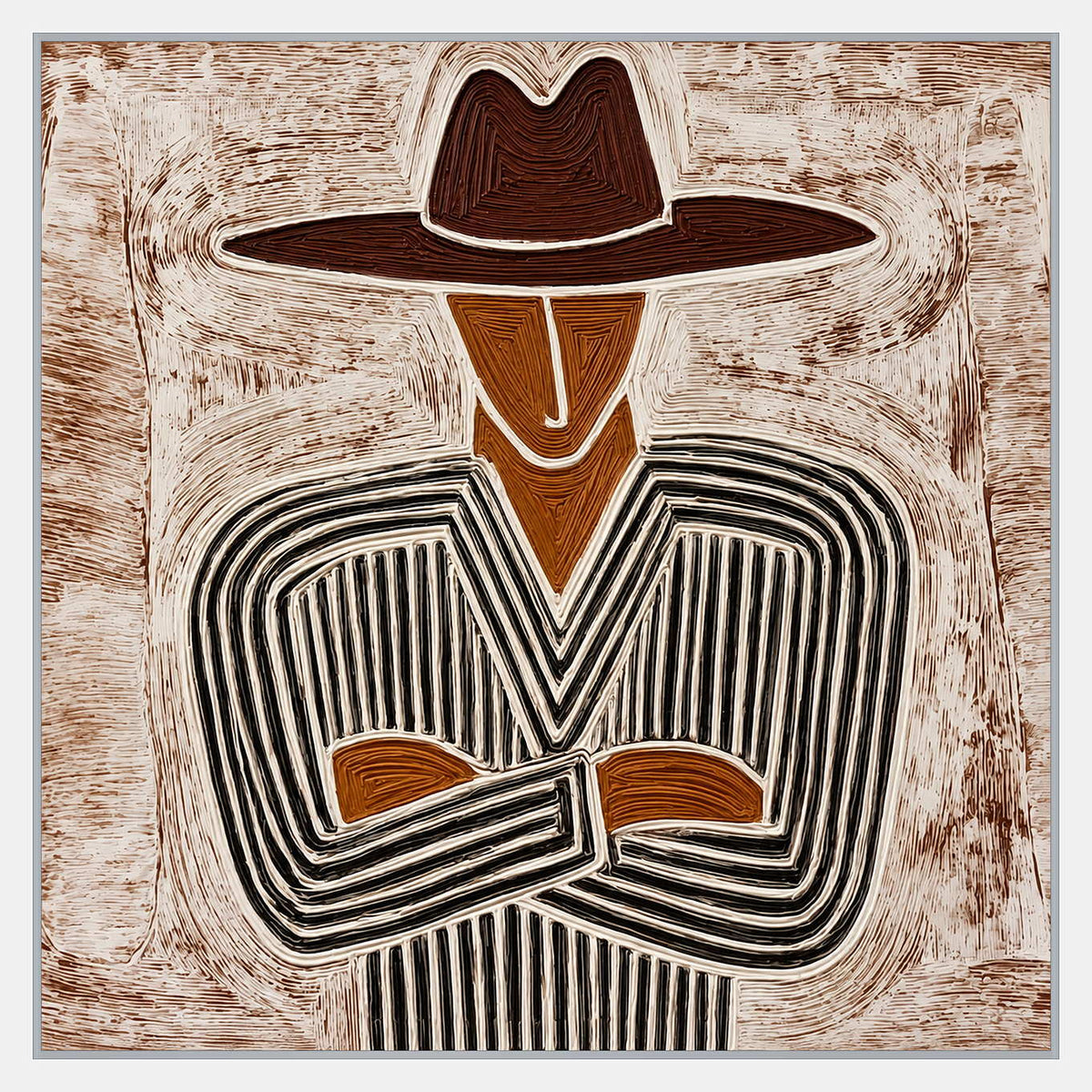 Square portrait of a brown-hatted figure with crossed arms, ochre face, and black-and-cream striped clothing amid fine grooves.