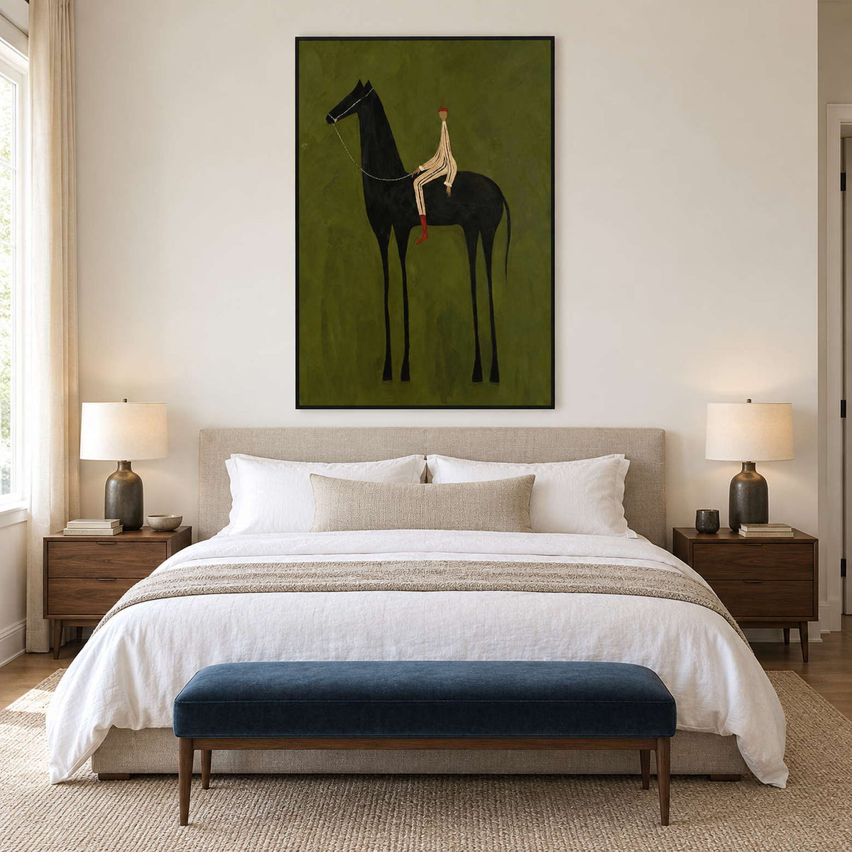 Green rider portrait above a bed with a dark blue bench.