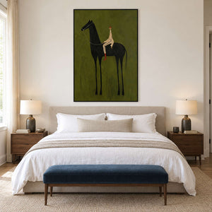 Green rider portrait above a bed with a dark blue bench.
