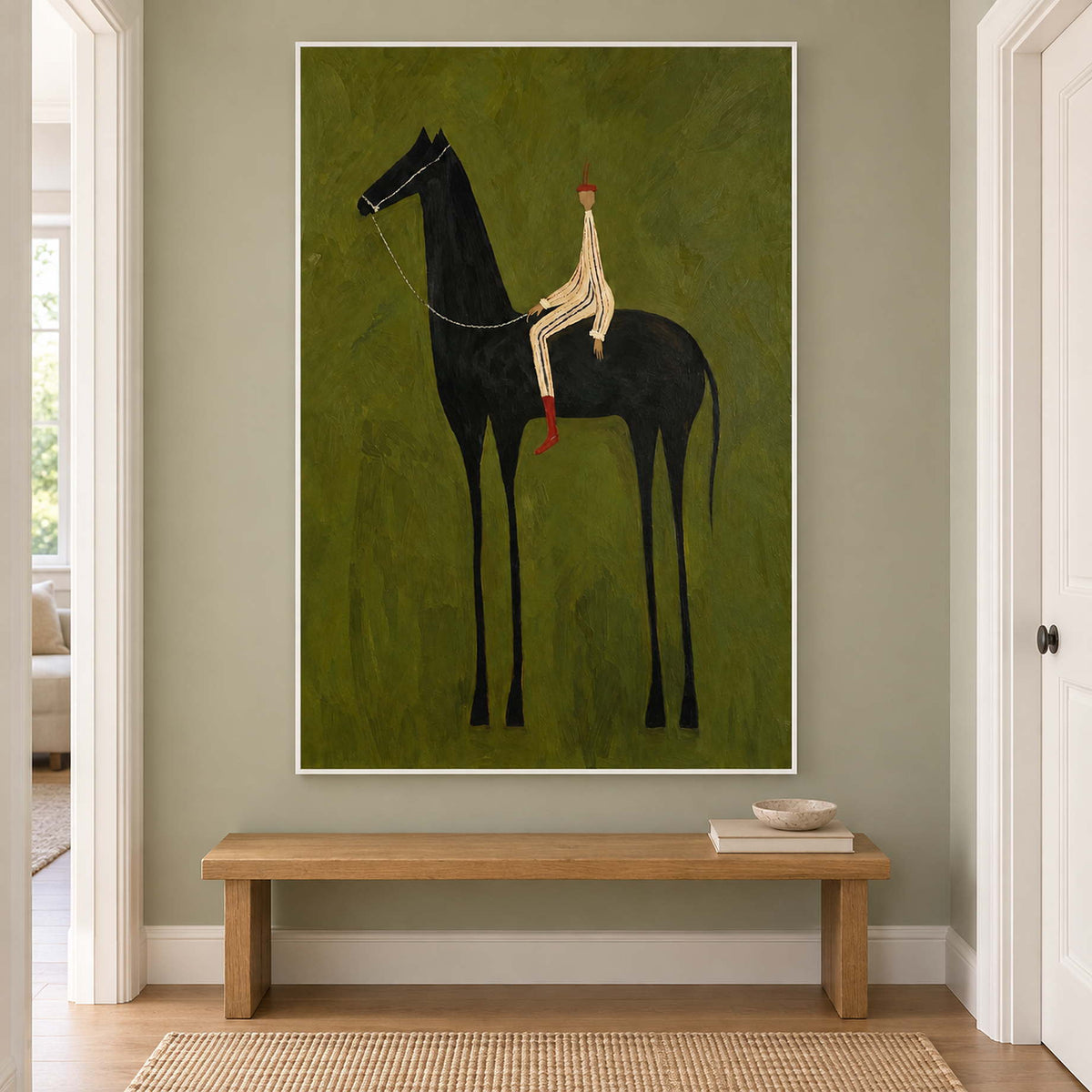 Tall green equestrian painting above a simple wooden hallway bench.