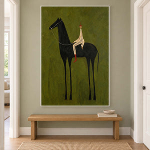 Tall green equestrian painting above a simple wooden hallway bench.