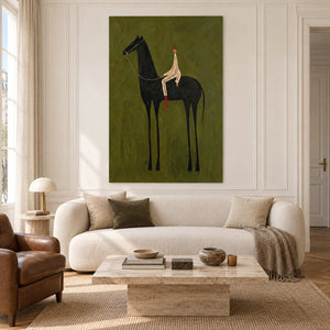 Green equestrian artwork above a cream sofa and pale stone-look table.