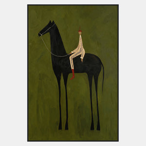 Striped figure with a red boot seated on a tall black horse facing left against green.