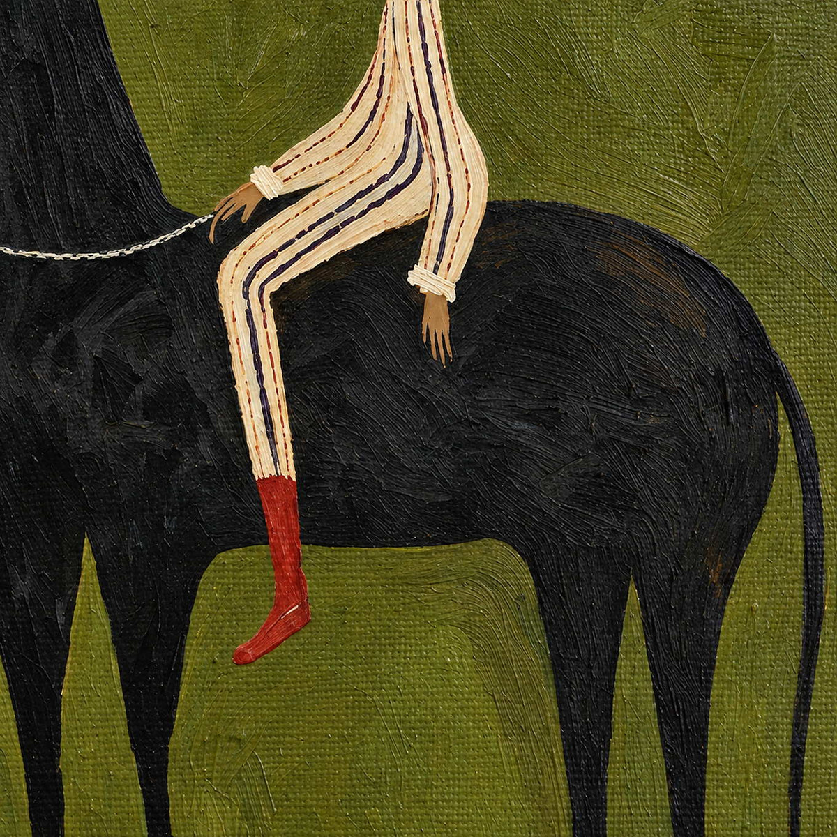 Detail of the striped rider, red boot, curved rein, and black horse's body.