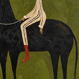 Detail of the striped rider, red boot, curved rein, and black horse's body.