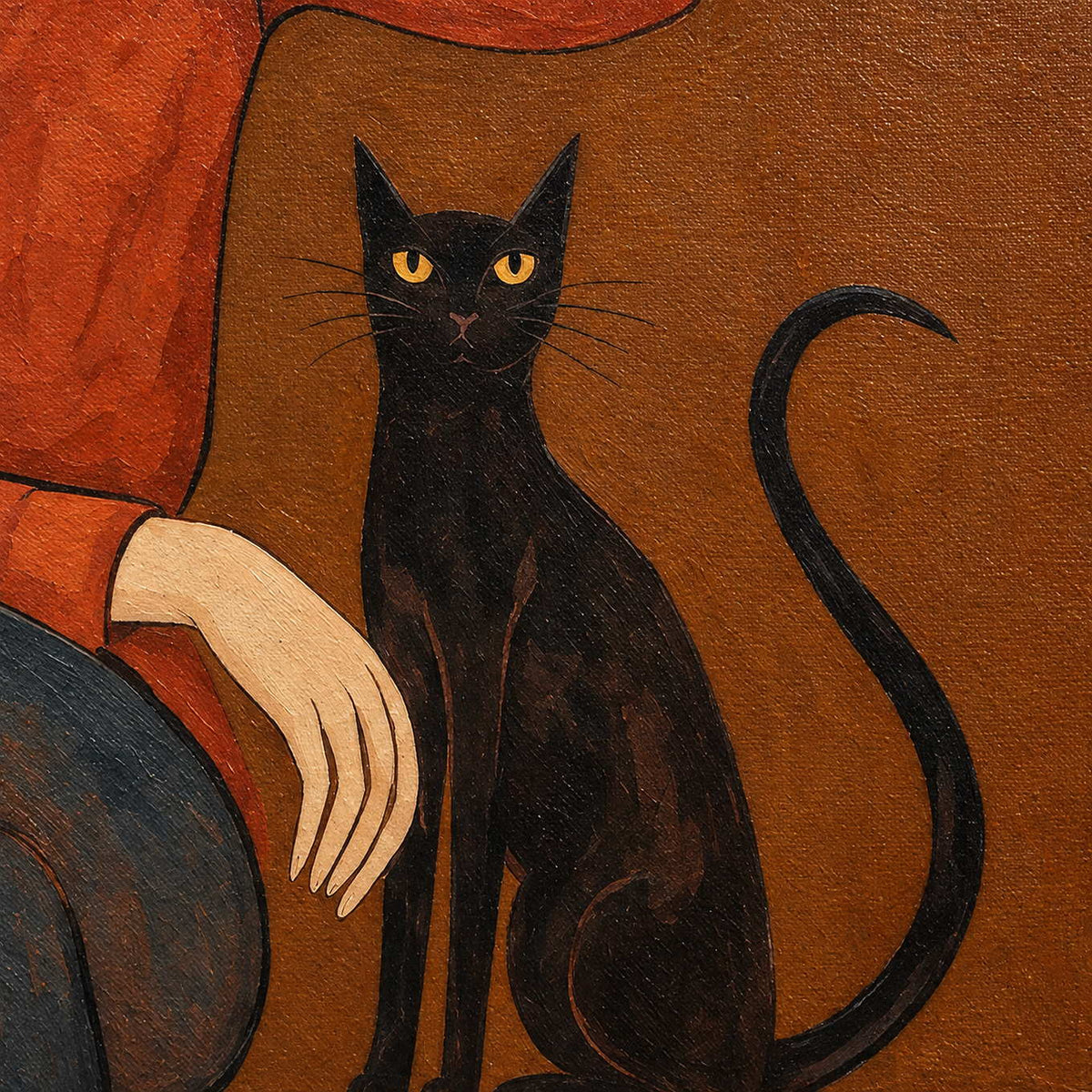 Close-up of At Leisure showing the black cat's golden eyes and curved tail beside the seated figure's hand.