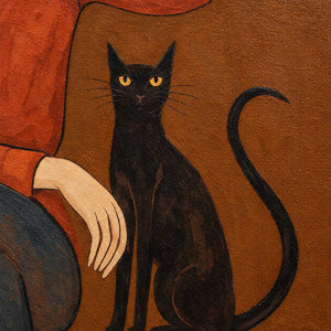 Close-up of At Leisure showing the black cat's golden eyes and curved tail beside the seated figure's hand.