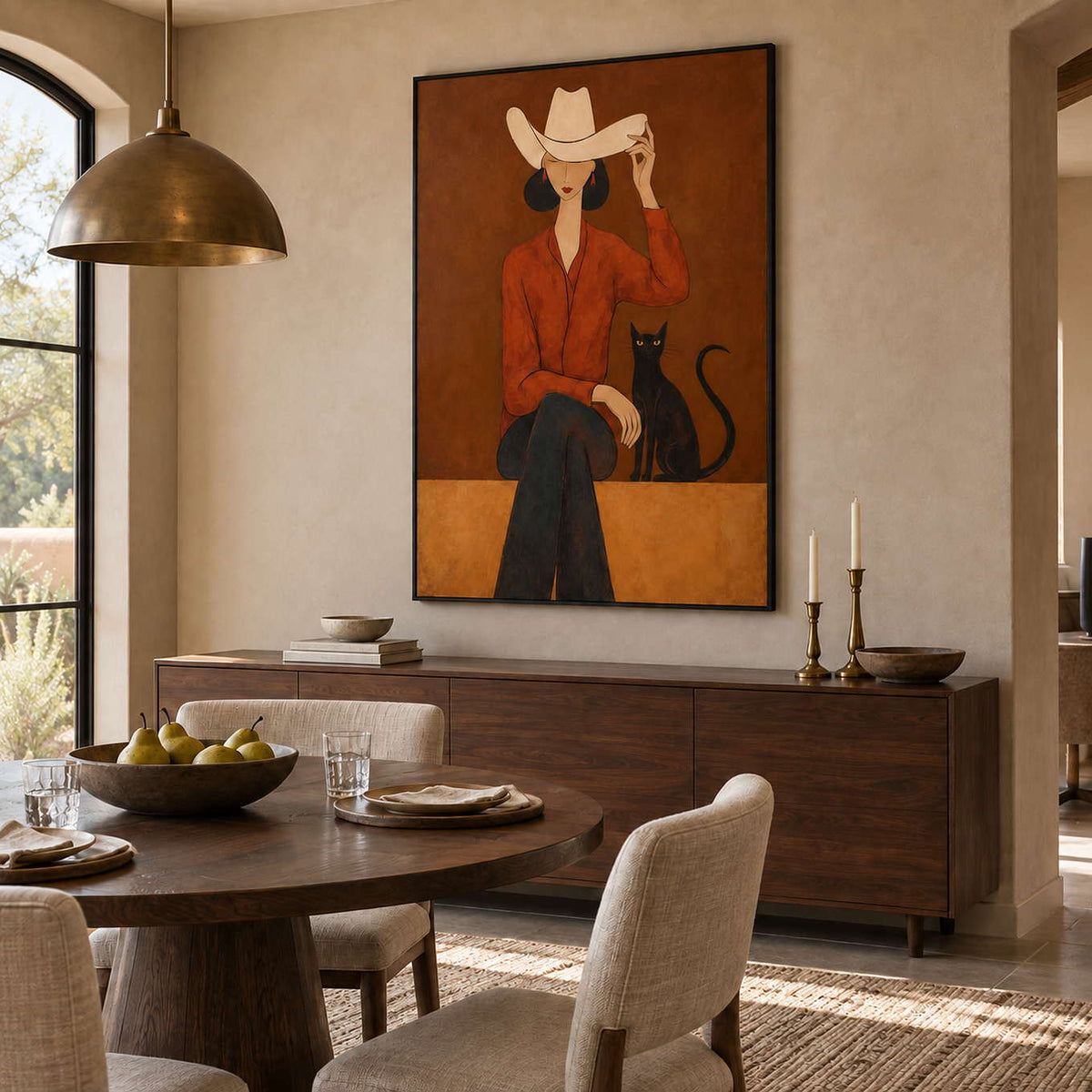 At Leisure in a black frame above a dark wood sideboard behind a round dining table.