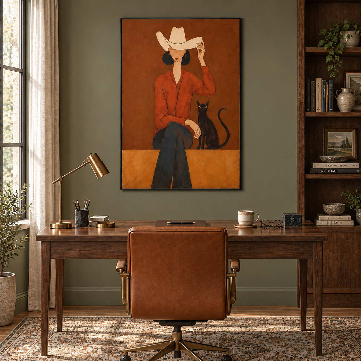 At Leisure in a black frame above a wood desk and tan leather chair against an olive wall.