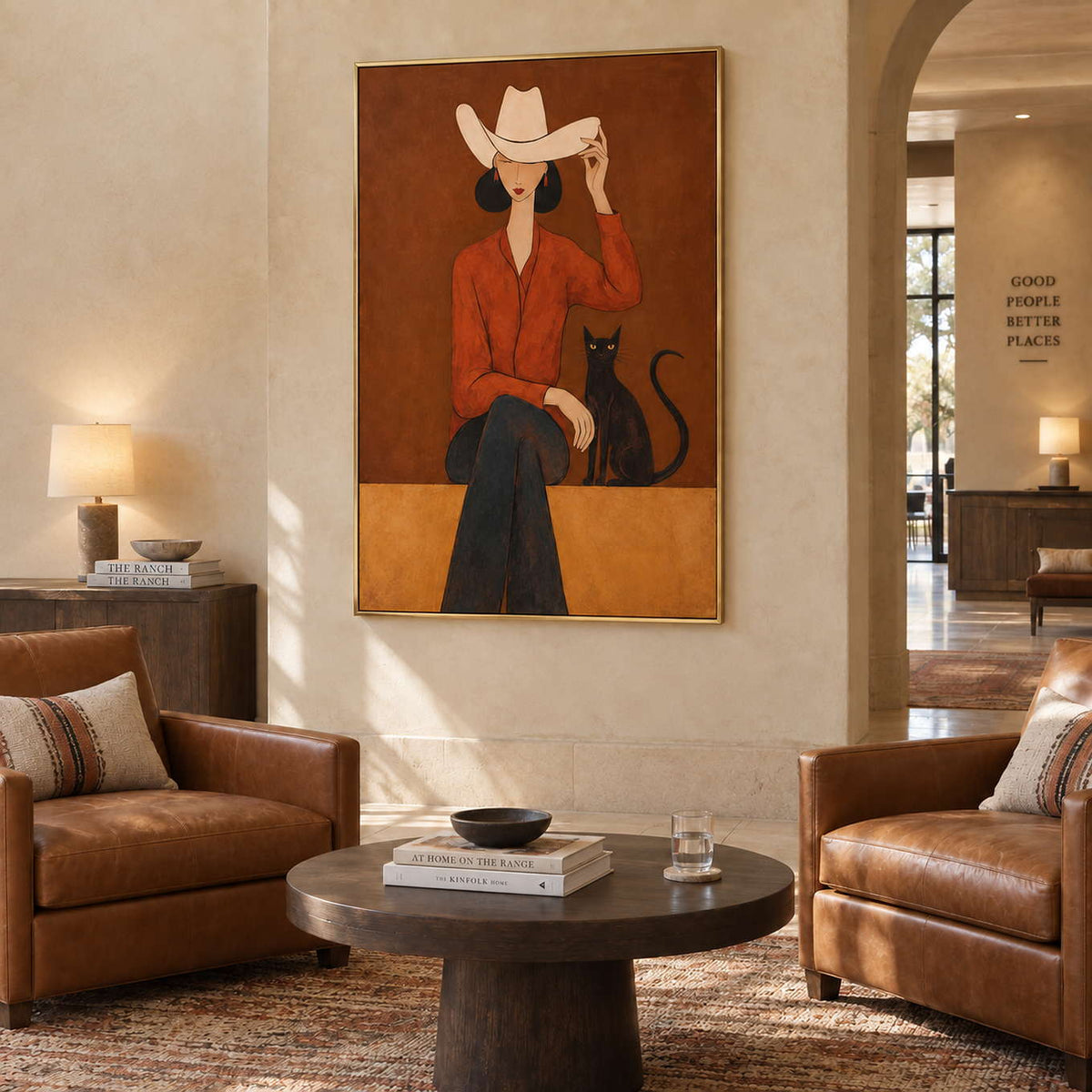 At Leisure in a gold frame above brown leather armchairs and a round wood table in a commercial lobby.