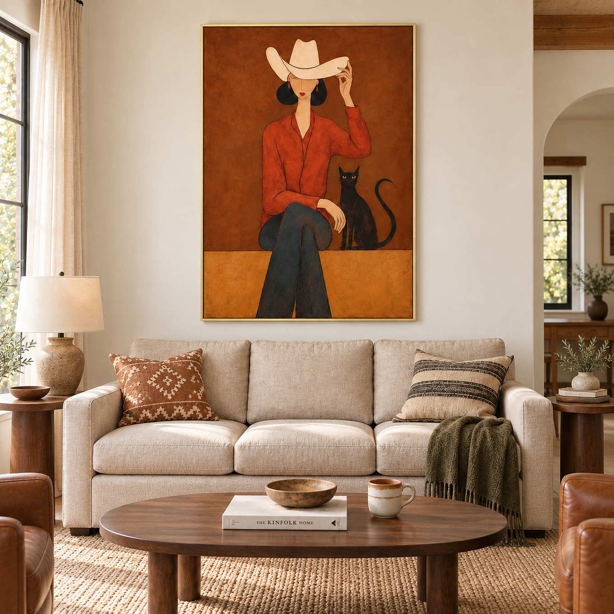 At Leisure in a gold frame above a cream sofa with patterned rust cushions and an olive throw.