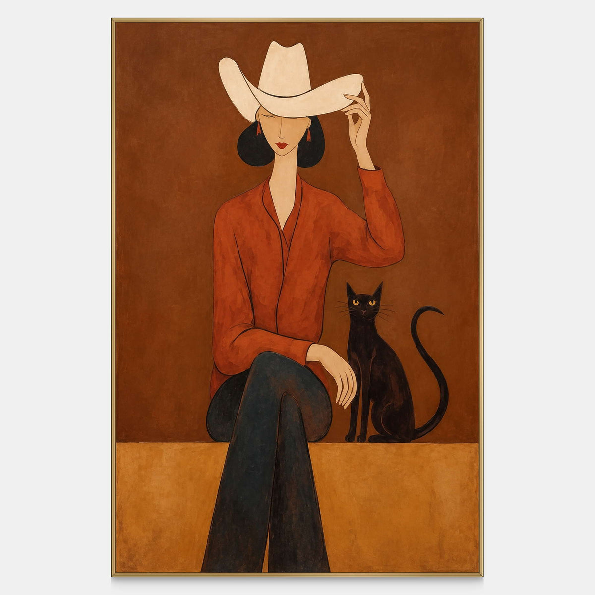 Front view of At Leisure, showing a seated figure touching a cream cowboy hat with a black cat beside them.