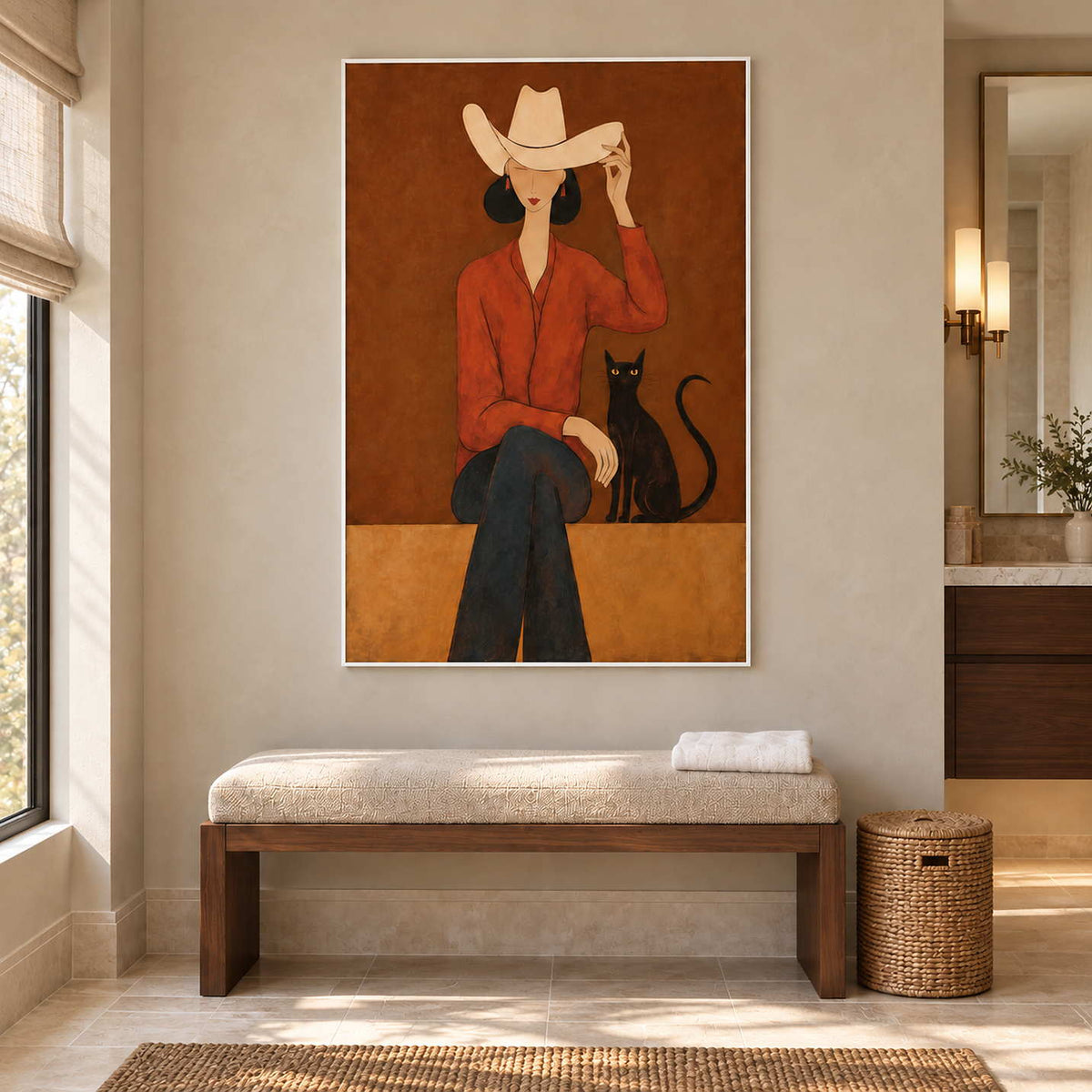 At Leisure in a white frame above a cushioned bench with folded towels in a bathroom dry area.