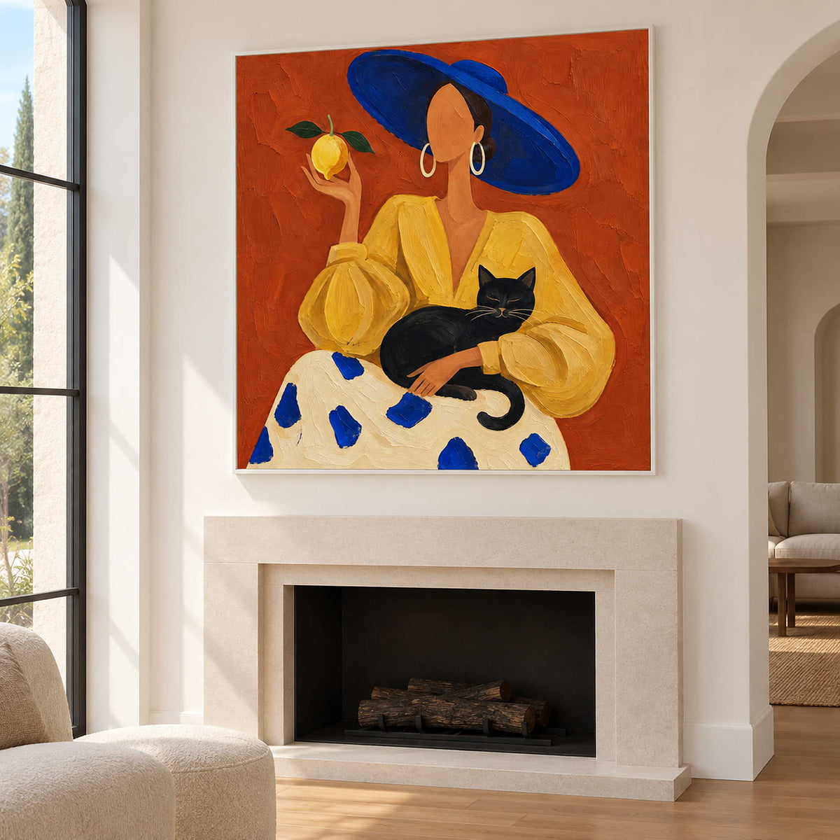 Blue-hat artwork above a pale fireplace beside an arched opening.