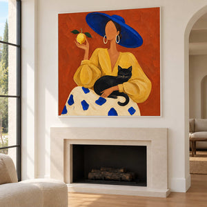 Blue-hat artwork above a pale fireplace beside an arched opening.