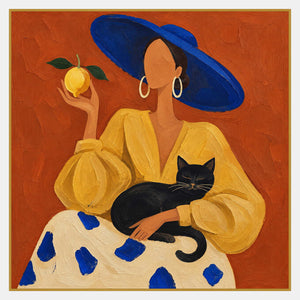 Figure in a blue hat and yellow blouse holding yellow fruit with a black cat resting across a cream and blue skirt.