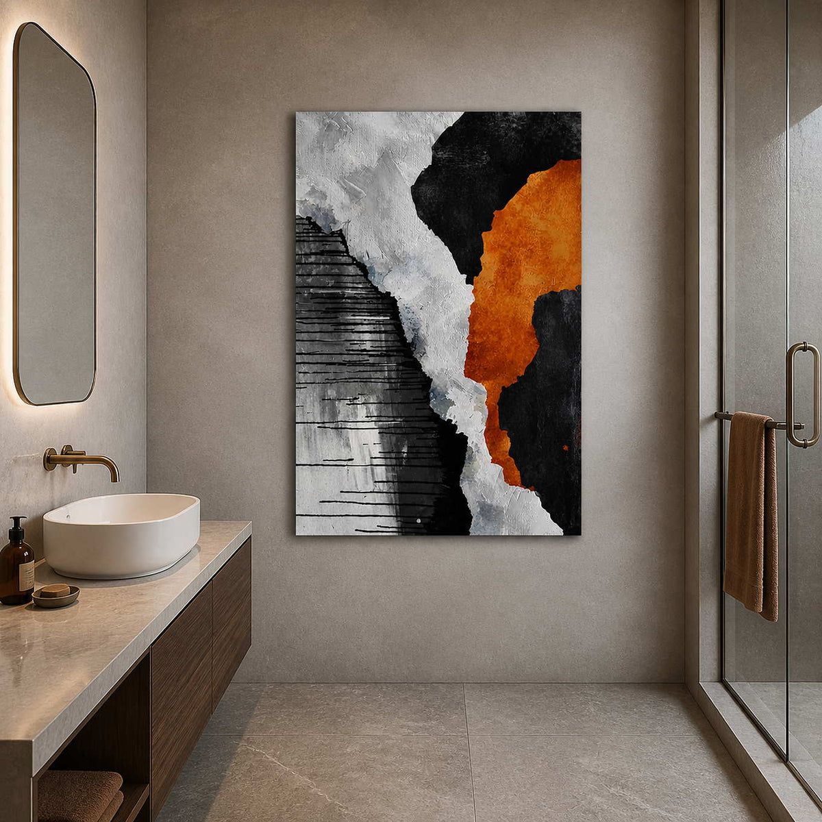 Frameless orange and monochrome abstract artwork beside a vessel sink and glass bathroom shower.