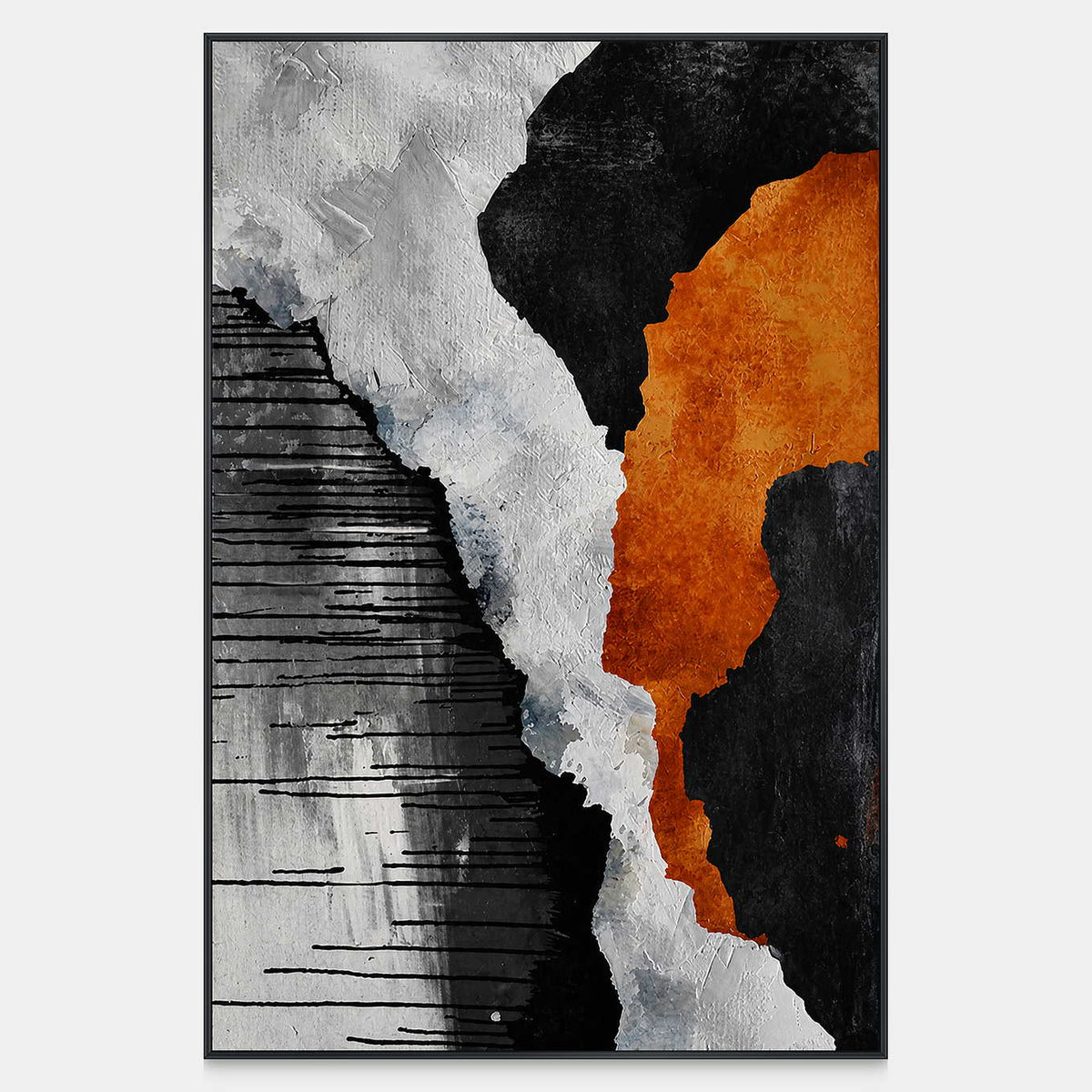Vertical abstract artwork combines orange and black shapes, a jagged white band, and fine lines.