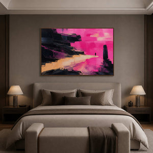 Bold pink and black artwork in a wood frame above a bedroom.