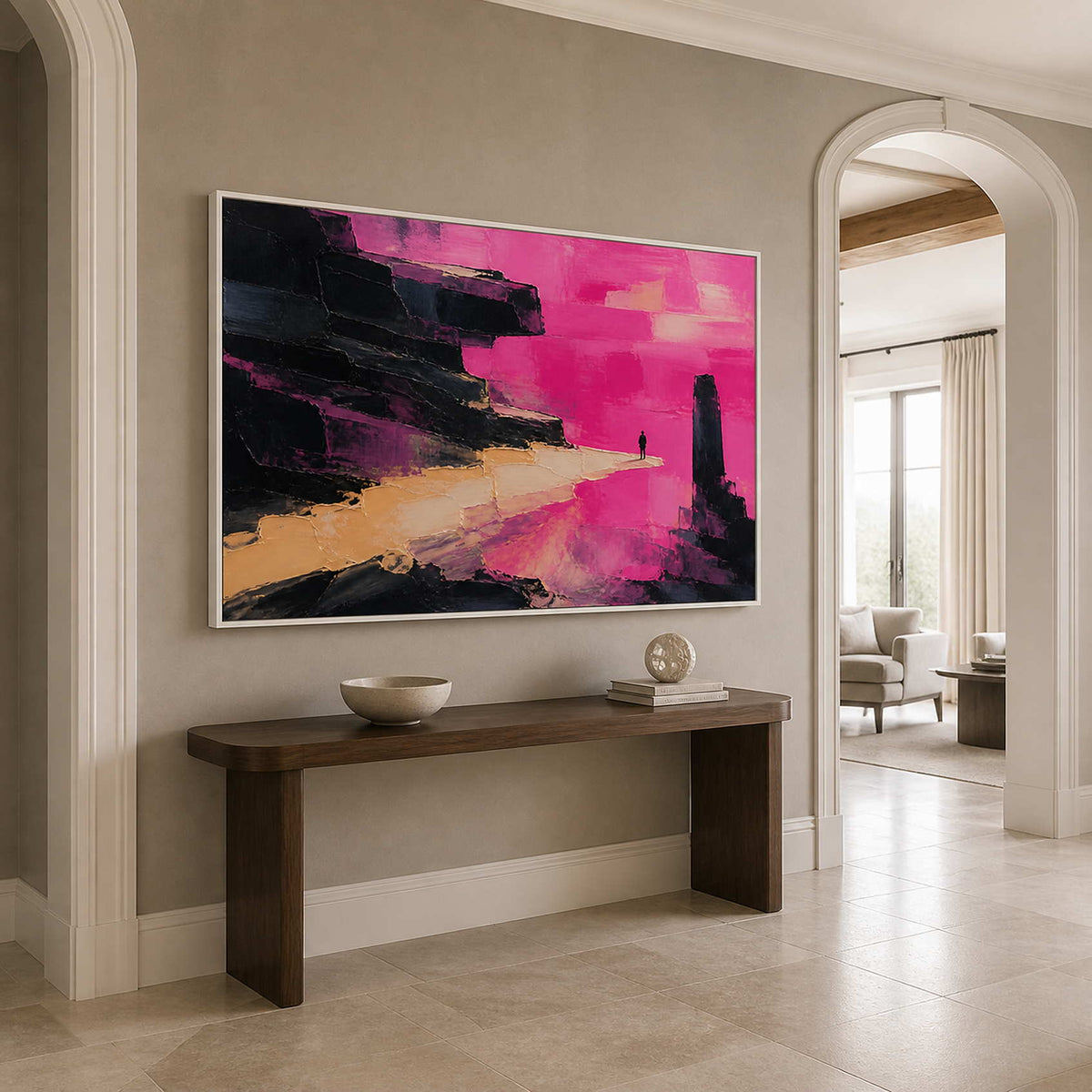 Modern pink abstract canvas in a white frame brightening an entryway.