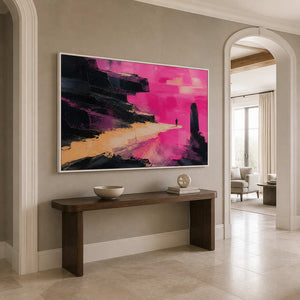 Modern pink abstract canvas in a white frame brightening an entryway.