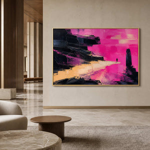 Vivid pink abstract painting in a gold frame inside a refined lobby.