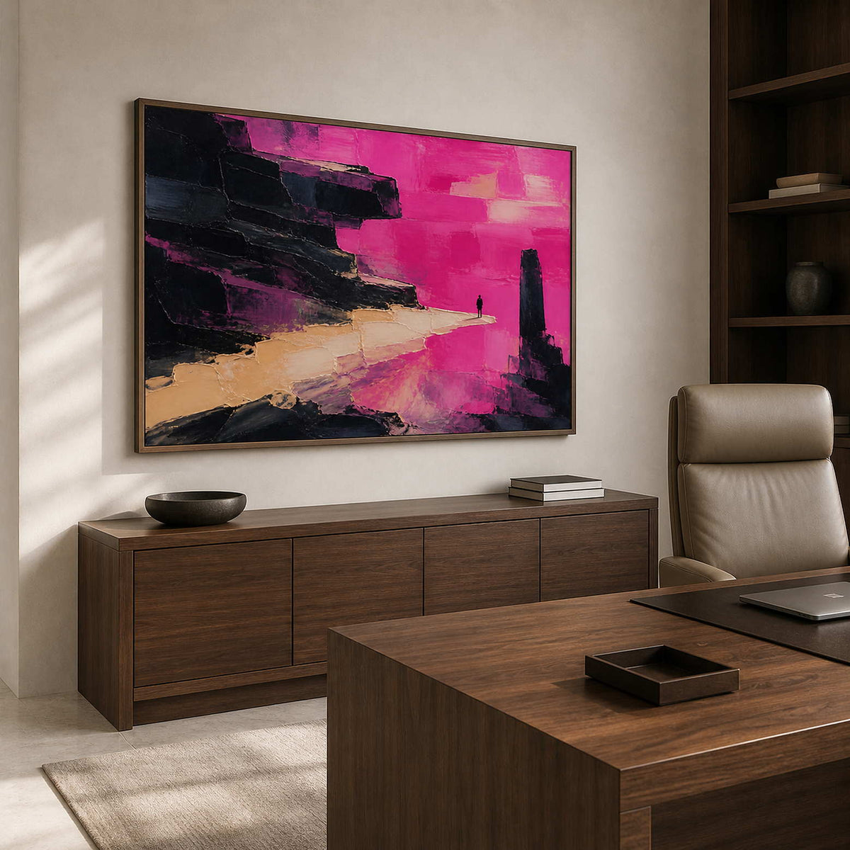 Dramatic abstract landscape in a wood frame displayed in an office.