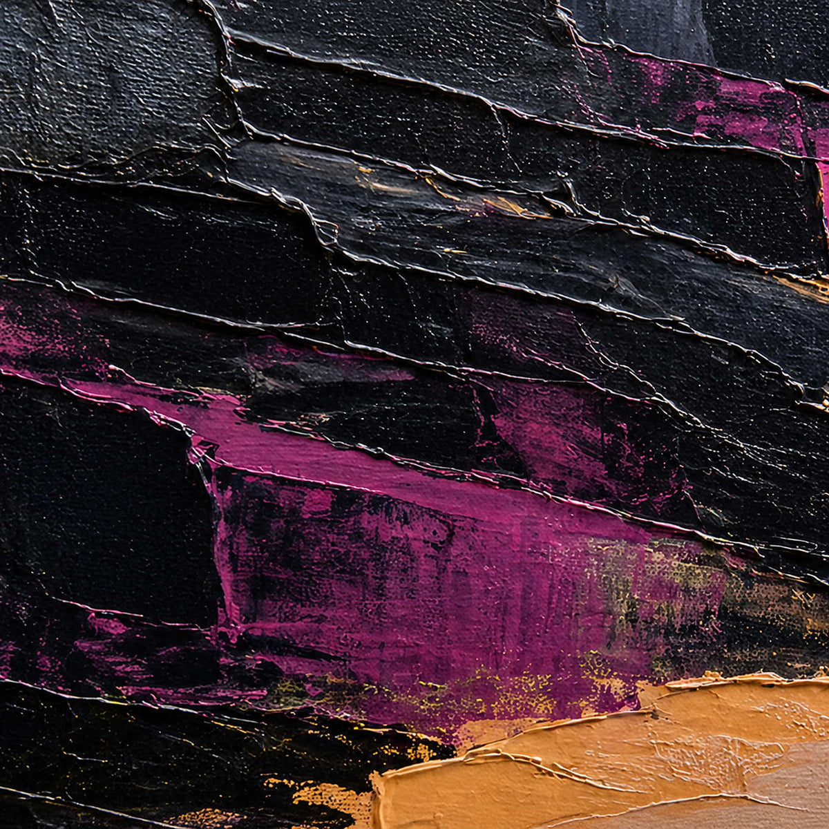 Close view of raised black, magenta, and warm sand palette texture.