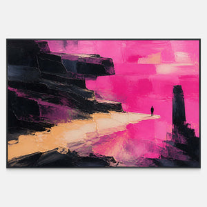 Textured pink abstract landscape with black ledges and a solitary figure.