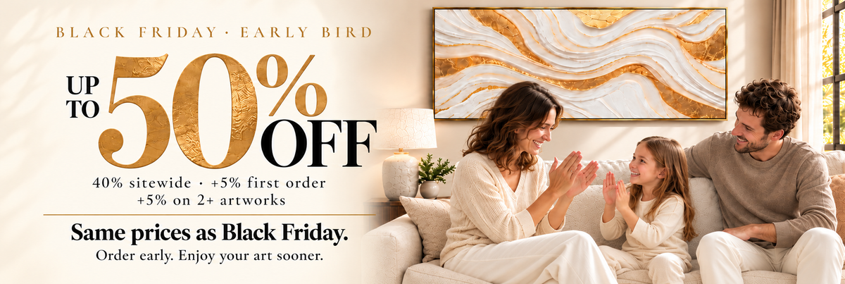 Black Friday Early Bird up to 50% off, family playing together beneath white and gold artwork