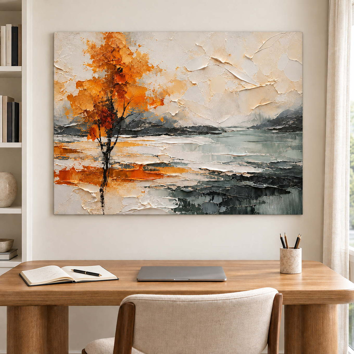 An orange autumn tree reflected beside a gray lake without an outer frame, displayed in a home office.