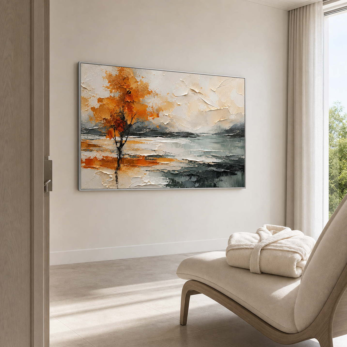 Textured Landscape Wall Art displayed in a refined hospitality lounge.