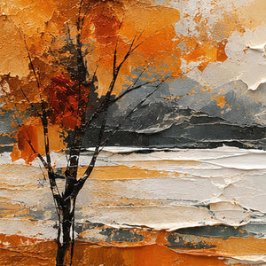 Close-up of raised hand-painted texture in warm tones, black, and white.