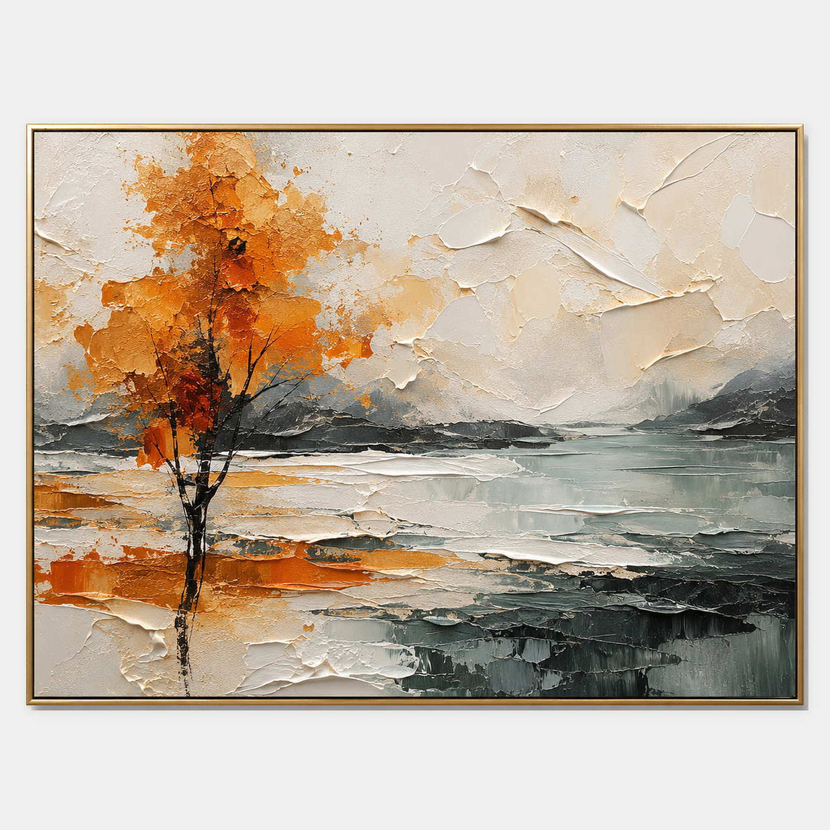 Hand-painted textured landscape wall art with warm tones, black, and white tones.