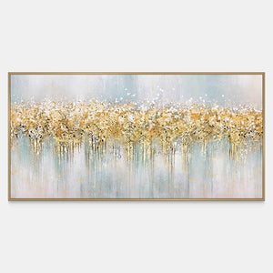 Panoramic abstract painting with golden flecks above delicate blue gray layers suggesting reflections.