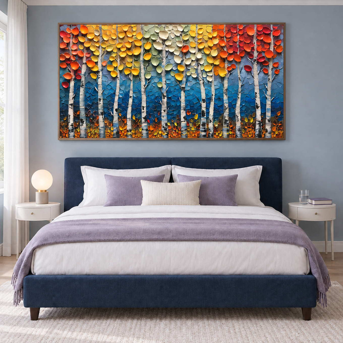 Blue woodland painting above a bed with lavender bedding.