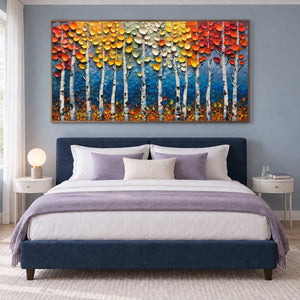 Blue woodland painting above a bed with lavender bedding.