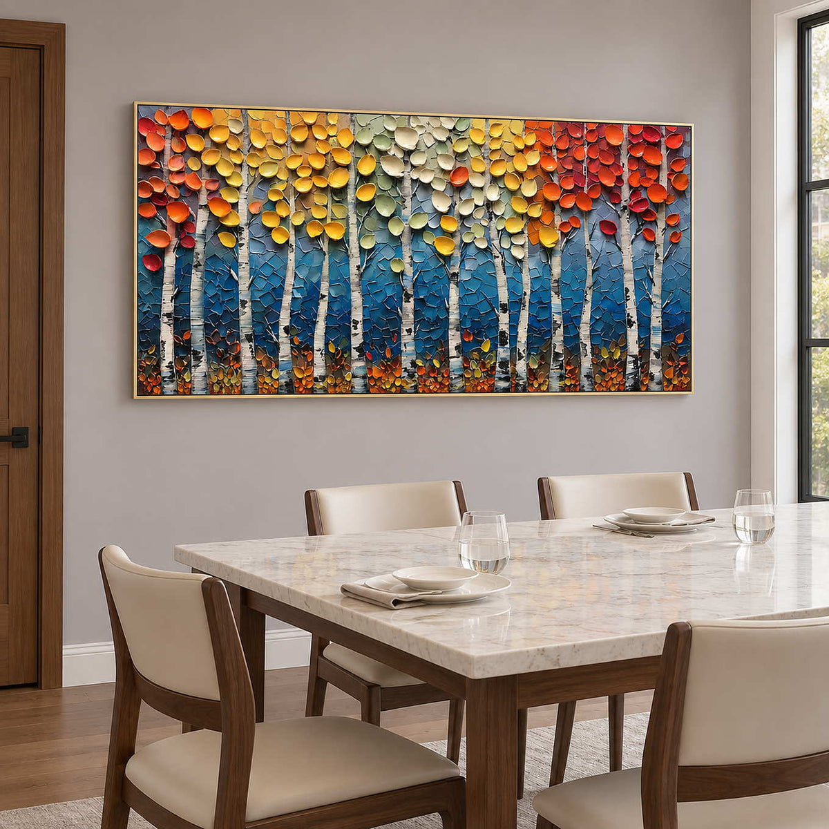Autumn tree artwork beside a pale dining table and cream chairs.