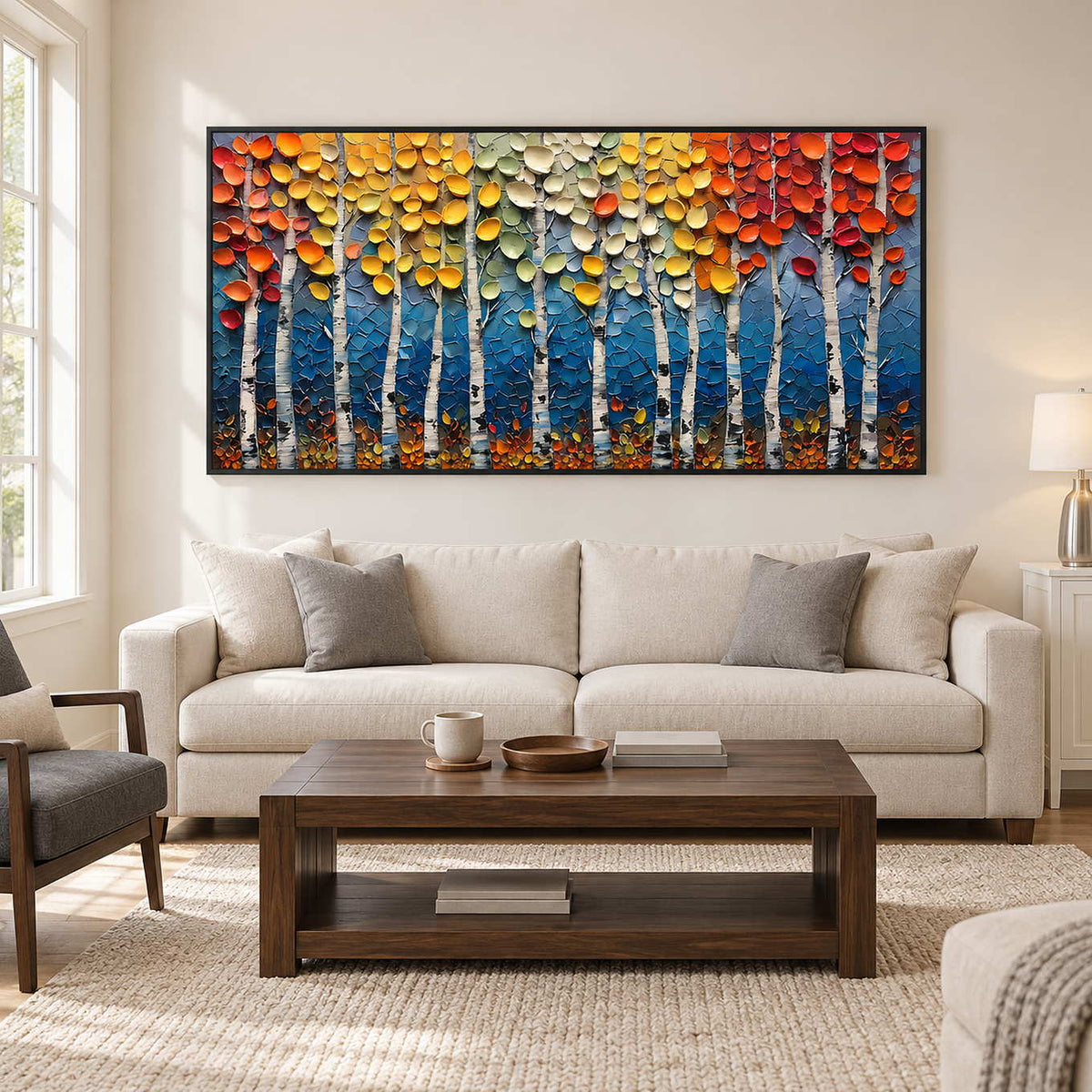 Colorful woodland painting above a cream sofa and dark wood table.