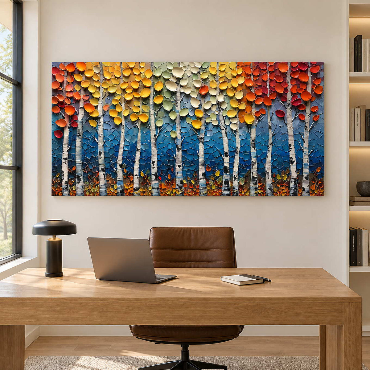 Raised-leaf artwork above a wooden desk with a brown chair.