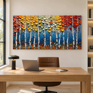 Raised-leaf artwork above a wooden desk with a brown chair.
