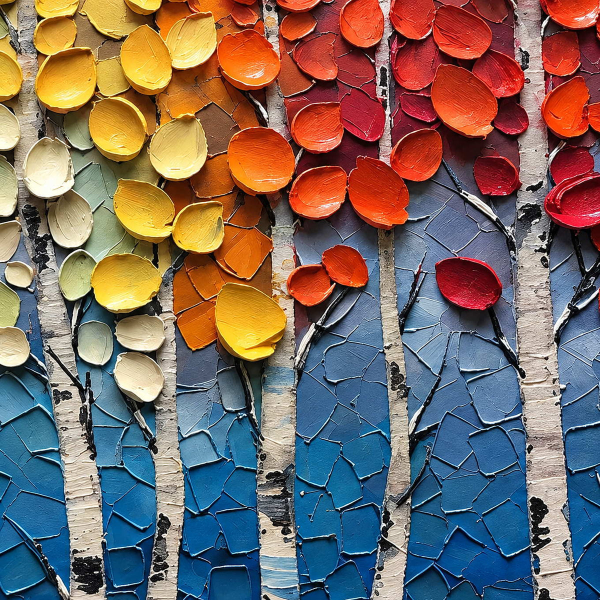 Close-up of yellow and red cupped leaves, white trunks, and broken blue texture.