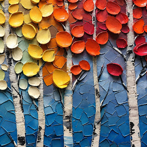 Close-up of yellow and red cupped leaves, white trunks, and broken blue texture.
