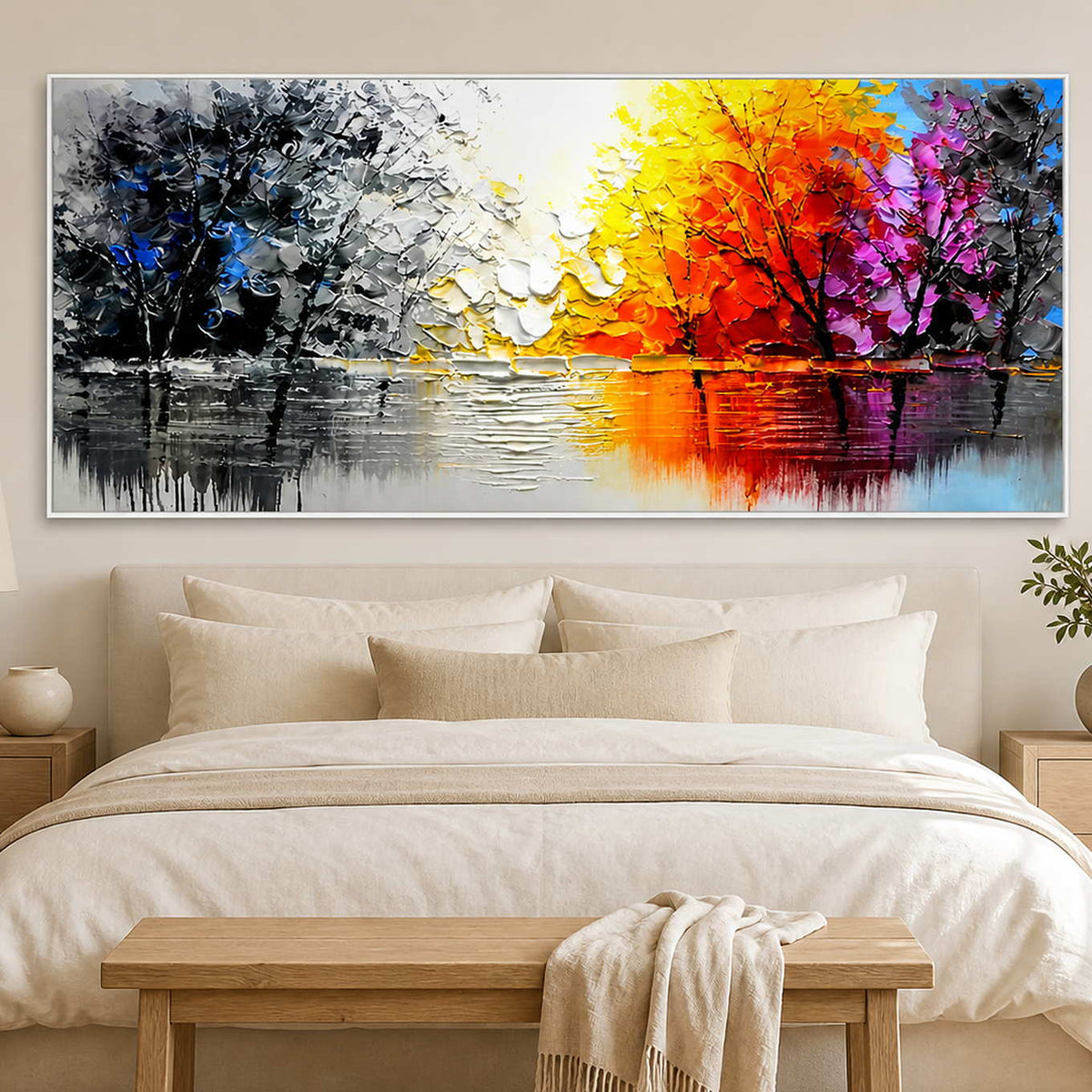 White-framed autumn lake landscape above an ivory bed with a natural wood bench.