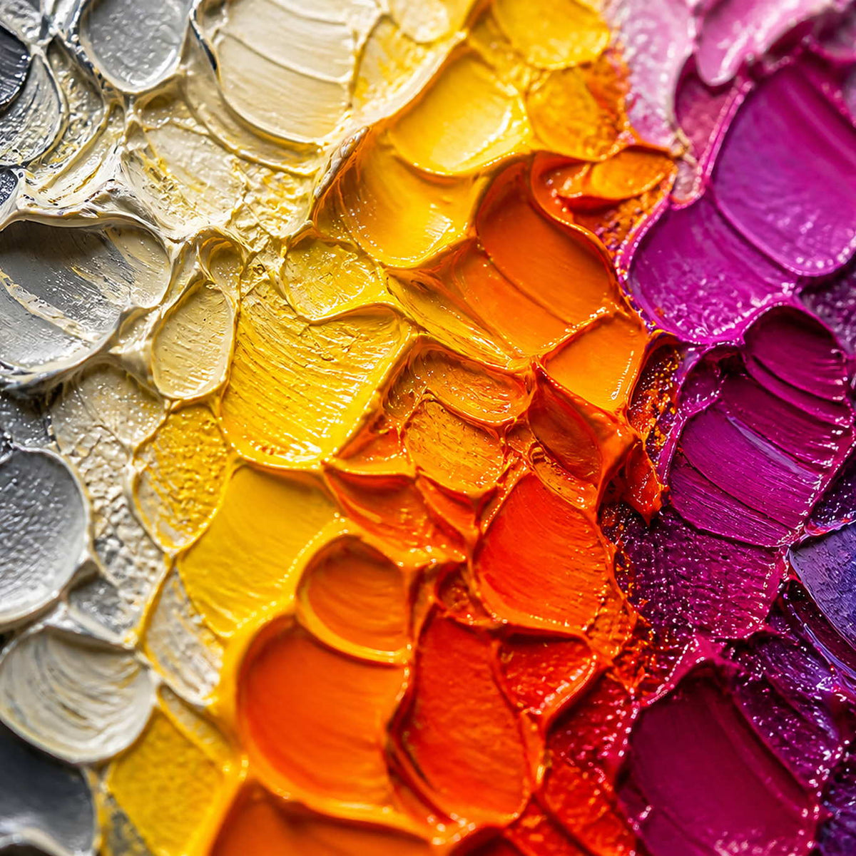 Close-up of thick gray, yellow, orange, and magenta paint with curved palette-knife ridges.