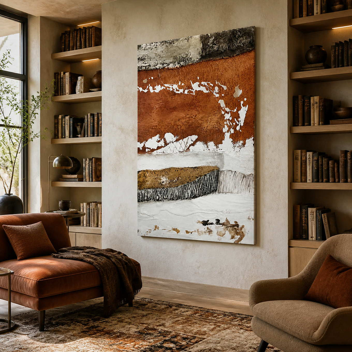 Frameless rust and white abstract artwork between bookshelves in a warmly lit home reading room.