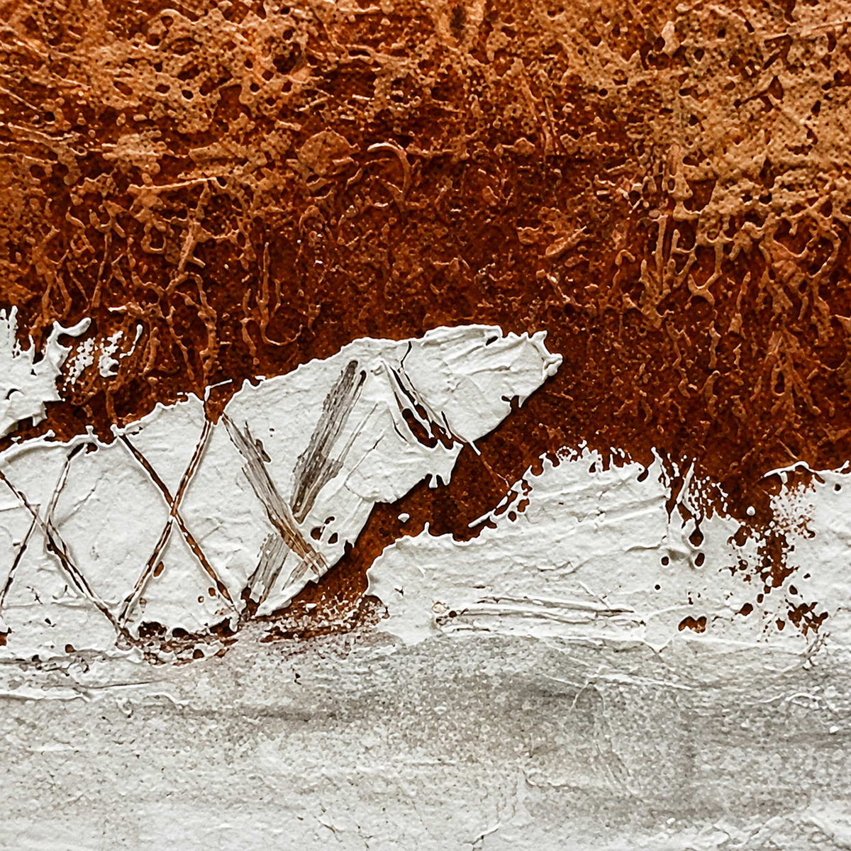 Close view of textured rust paint and raised white layers crossed by fine scraped marks.