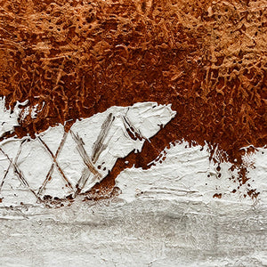 Close view of textured rust paint and raised white layers crossed by fine scraped marks.