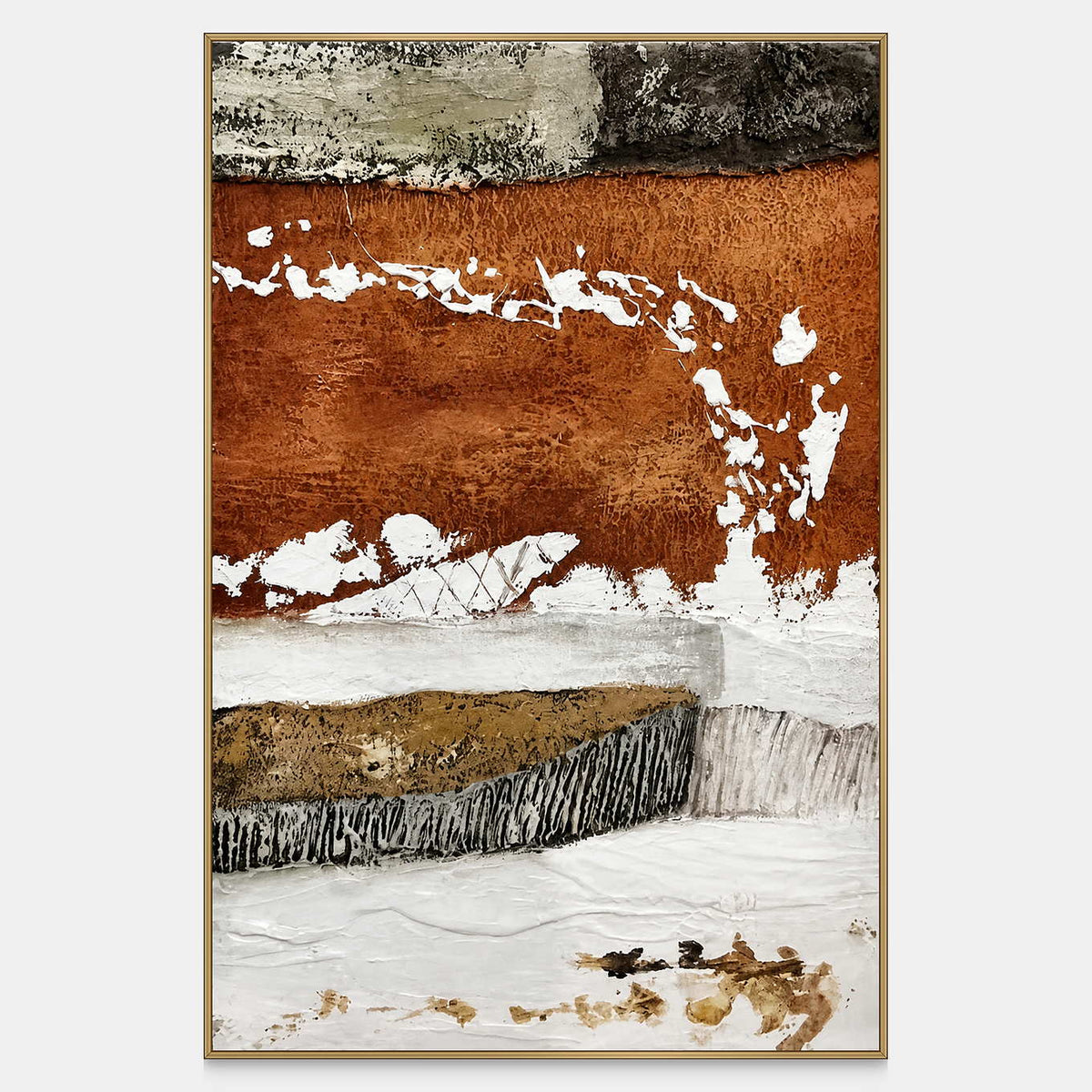 Vertical abstract artwork with a wide rust field, broken white layers, and dark textured bands.